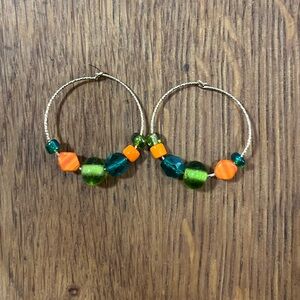 Beaded Hoop Earrings - Green & Orange Glass Beads